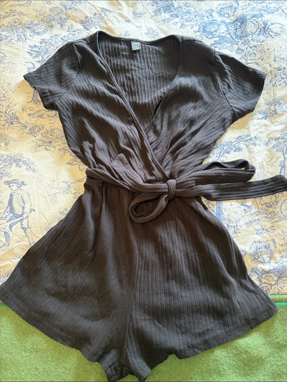 Black Short Romper Tie Waist Faux wrap front